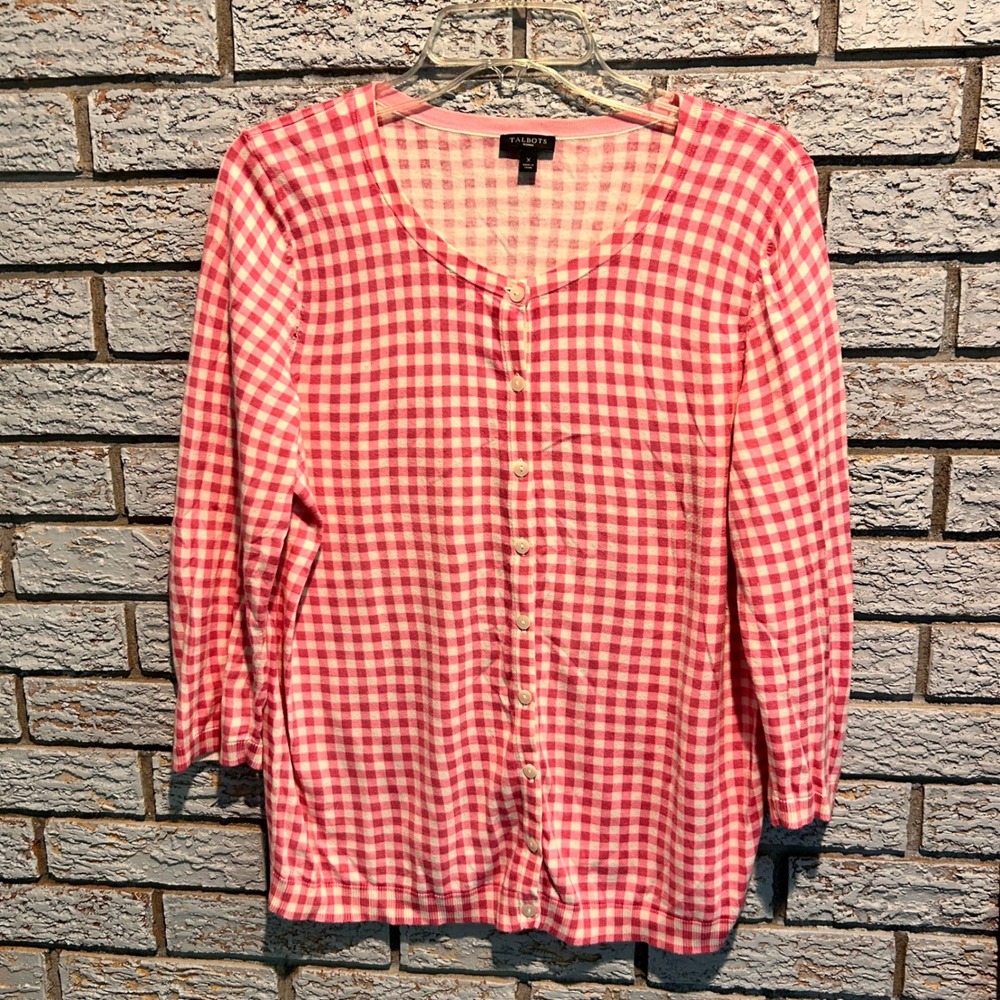 Talbots Pink Gingham Check Button Front Cardigan Sweater Womens‎ Size XL